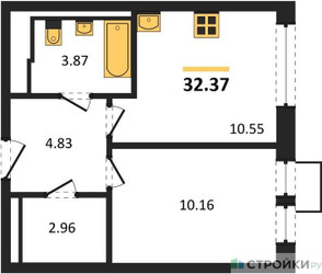 Планировка однокомнатной(квартира) площадью 32.37 квадратных метров в ЖК “ЖК Квартал Ивакино”