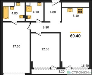 Планировка двухкомнатной(квартира) площадью 69 квадратных метров в ЖК “ЖК River Park Кутузовский (Ривер Парк Тауэрс)”