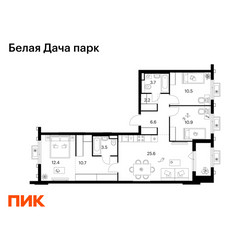 Планировка трехкомнатной(квартира) площадью 88.1 квадратных метров в ЖК “ЖК Белая Дача парк”