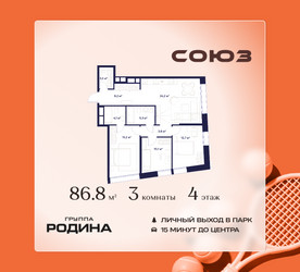 Планировка трехкомнатной(квартира) площадью 86.8 квадратных метров в ЖК “ЖК Союз (СВАО)”