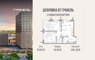 Планировка двухкомнатной(квартира) площадью 62.95 квадратных метров в “ЖК Дубровка от Гранель”