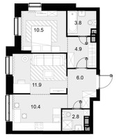 Планировка двухкомнатной(квартира) площадью 50.3 квадратных метров в “ЖК Crystal Трилогия (Кристал)”