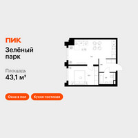 Планировка однокомнатной(квартира) площадью 43.1 квадратных метров в “ЖК Зеленый парк”
