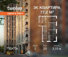 Планировка трехкомнатной(квартира) площадью 77.2 квадратных метров в “ЖК Твелв”