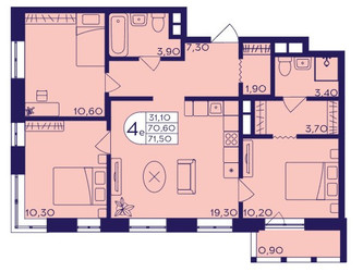 Планировка 4+ комнатной(квартира) площадью 71.5 квадратных метров в ЖК “ЖК Героев”