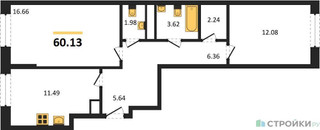 Планировка двухкомнатной(квартира) площадью 60.13 квадратных метров в “ЖК Дюна”