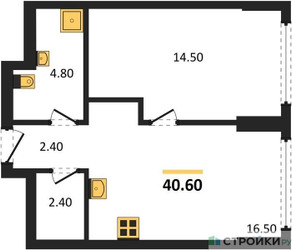 Планировка однокомнатной(квартира) площадью 40.6 квадратных метров в ЖК “ЖК А22”
