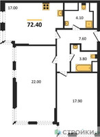 Планировка двухкомнатной(квартира) площадью 72.7 квадратных метров в “ЖК VERY на Миклухо-Маклая (Вери на Миклухо-Маклая)”
