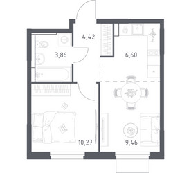 Планировка однокомнатной(квартира) площадью 34.61 квадратных метров в ЖК “ЖК Мытищи Парк”