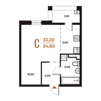 Планировка студии(квартира) площадью 34.4 квадратных метров в “ЖК Новое Летово”