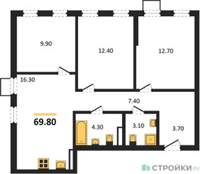Планировка трехкомнатной(квартира) площадью 69.8 квадратных метров в ЖК “ЖК Деснаречье”