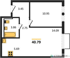 Планировка однокомнатной(квартира) площадью 40.79 квадратных метров в “ЖК Пригород Лесное”