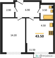 Планировка однокомнатной(квартира) площадью 42.8 квадратных метров в “ЖК Ново-Молоково”