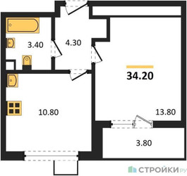 Планировка однокомнатной(квартира) площадью 34.2 квадратных метров в “ЖК 1-й Донской (Первый Донской)”