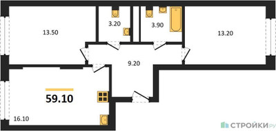 Планировка двухкомнатной(квартира) площадью 59.1 квадратных метров в ЖК “ЖК Переделкино Ближнее”
