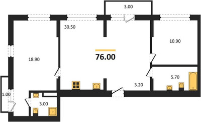 Планировка двухкомнатной(квартира) площадью 76 квадратных метров в ЖК “ЖК Первый квартал”