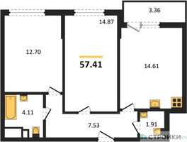 Планировка двухкомнатной(квартира) площадью 57.41 квадратных метров в “ЖК Светлый мир БиоПолис”