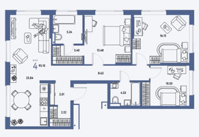 Планировка 4+ комнатной(квартира) площадью 93.1 квадратных метров в “ЖК Страна.Парковая”