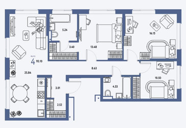 Планировка 4+ комнатной(квартира) площадью 93.1 квадратных метров в ЖК “ЖК Страна.Парковая”