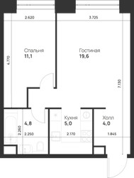 Планировка однокомнатной(квартира) площадью 44.5 квадратных метров в ЖК “ЖК Войс”