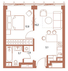 Планировка однокомнатной(квартира) площадью 37.9 квадратных метров в ЖК “ЖК Symphony 34 (Симфония 34)”
