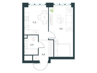 Планировка однокомнатной(квартира) площадью 37.4 квадратных метров в ЖК “ЖК Level Южнопортовая”