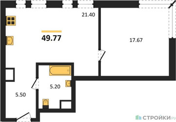 Планировка однокомнатной(апартаменты) площадью 49.77 квадратных метров в ЖК “ЖК EVOPARK Измайлово (Эвопарк Измайлово)”