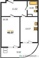 Планировка однокомнатной(квартира) площадью 46.07 квадратных метров в “ЖК Дом‐Мегалит в Королёве”
