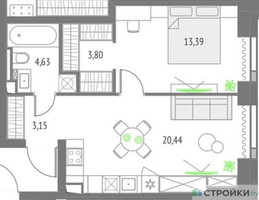 Планировка однокомнатной(квартира) площадью 45.39 квадратных метров в “ЖК Upside Towers (Апсайд Тауэрс)”