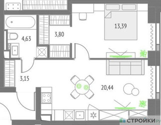 Планировка однокомнатной(квартира) площадью 45.39 квадратных метров в ЖК “ЖК Upside Towers (Апсайд Тауэрс)”