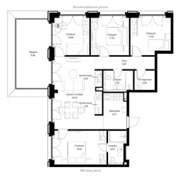 Планировка 4+ комнатной(квартира) площадью 103.57 квадратных метров в ЖК “ЖК Сити Бэй”