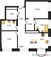 Планировка двухкомнатной(квартира) площадью 56.7 квадратных метров в “ЖК Новые смыслы”