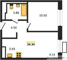 Планировка однокомнатной(квартира) площадью 34.34 квадратных метров в “ЖК Пятницкие луга”