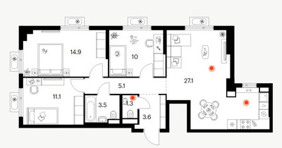 Планировка трехкомнатной(квартира) площадью 76.6 квадратных метров в ЖК “ЖК Амурский парк”