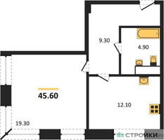 Планировка однокомнатной(квартира) площадью 45.6 квадратных метров в “ЖК Мираполис”