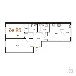 Планировка двухкомнатной(квартира) площадью 65.2 квадратных метров в ЖК “ЖК Новое Летово”