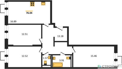Планировка трехкомнатной(квартира) площадью 76.04 квадратных метров в ЖК “ЖК Квартал Строгино”