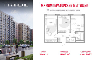 Планировка двухкомнатной(квартира) площадью 51.46 квадратных метров в “ЖК Императорские Мытищи”