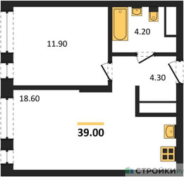 Планировка однокомнатной(квартира) площадью 39 квадратных метров в ЖК “ЖК Первый Московский”