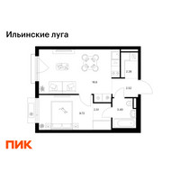 Планировка однокомнатной(квартира) площадью 39.12 квадратных метров в “ЖК Ильинские луга”