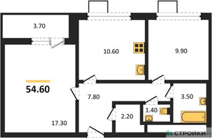 Планировка двухкомнатной(квартира) площадью 54.6 квадратных метров в “ЖК 1-й Донской (Первый Донской)”