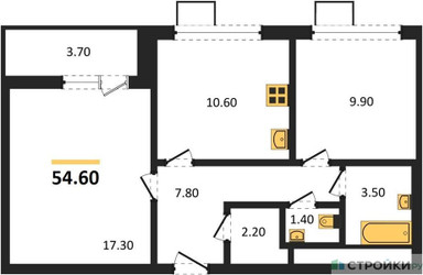 Планировка двухкомнатной(квартира) площадью 54.6 квадратных метров в ЖК “ЖК 1-й Донской (Первый Донской)”