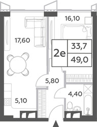 Планировка двухкомнатной(квартира) площадью 49 квадратных метров в ЖК “ЖК Will Towers (Вилл Тауэрс)”