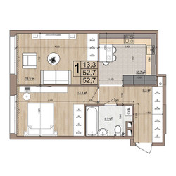Планировка однокомнатной(квартира) площадью 52.7 квадратных метров в ЖК “ЖК Гранд Комфорт”