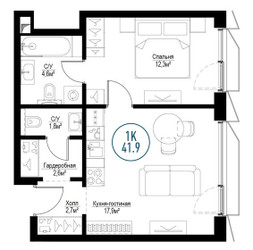 Планировка однокомнатной(квартира) площадью 41.5 квадратных метров в ЖК “ЖК Метрополия”
