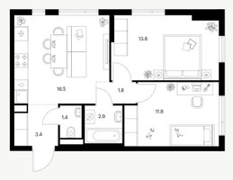 Планировка двухкомнатной(квартира) площадью 51.6 квадратных метров в “Ярославский квартал”