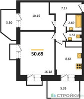 Планировка двухкомнатной(квартира) площадью 50.69 квадратных метров в “ЖК ВОСТОК II”
