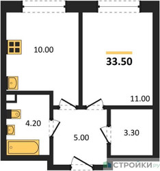 Планировка однокомнатной(квартира) площадью 33.5 квадратных метров в ЖК “ЖК Ольховый Квартал”