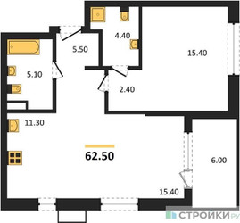 Планировка однокомнатной(квартира) площадью 62.5 квадратных метров в ЖК “ЖК Дзен-кварталы”