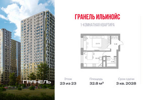 Планировка однокомнатной(квартира) площадью 32.8 квадратных метров в “ЖК Ильинойс”